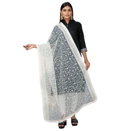 White Lucknowi Net Dupatta – Dyable & Ethnic