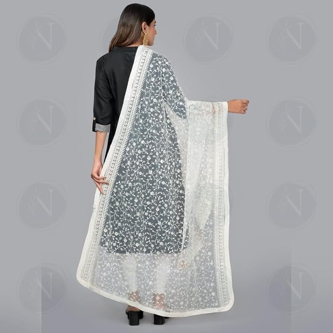 White Lucknowi Net Dupatta – Dyable & Ethnic
