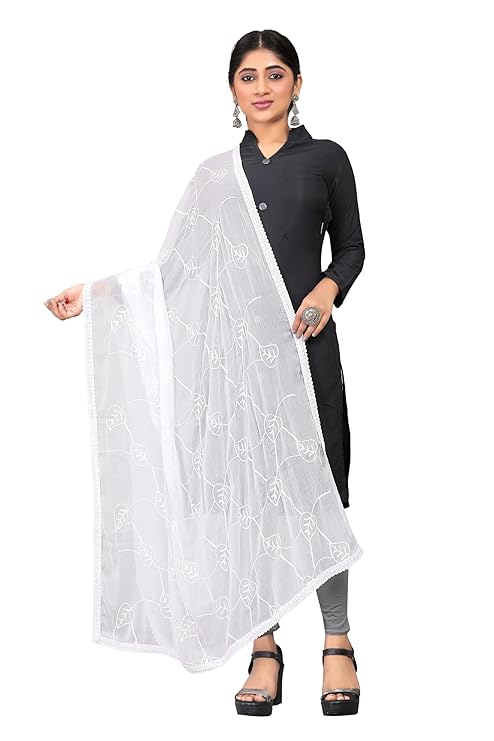 Nazneen White Embroidered Chiffon Dupatta (ND-12)