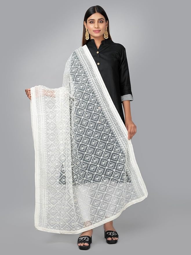 Premium Lucknowi Net Dupatta – Dyeable, Full-Length Ethnic Wrap for Women