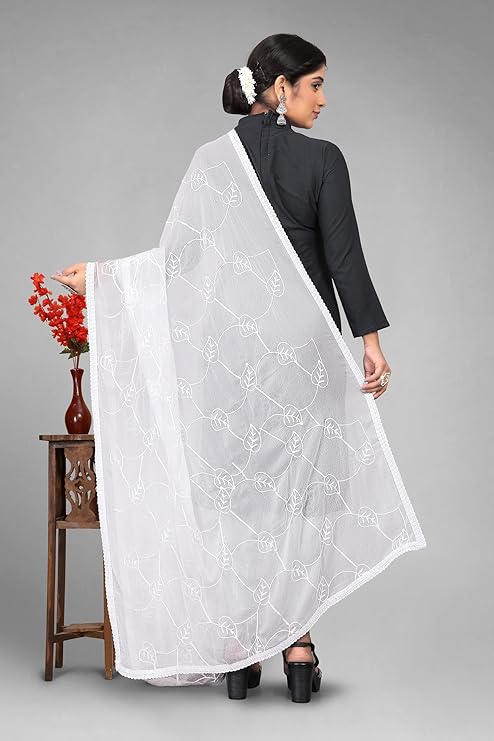 Nazneen White Embroidered Chiffon Dupatta (ND-12)