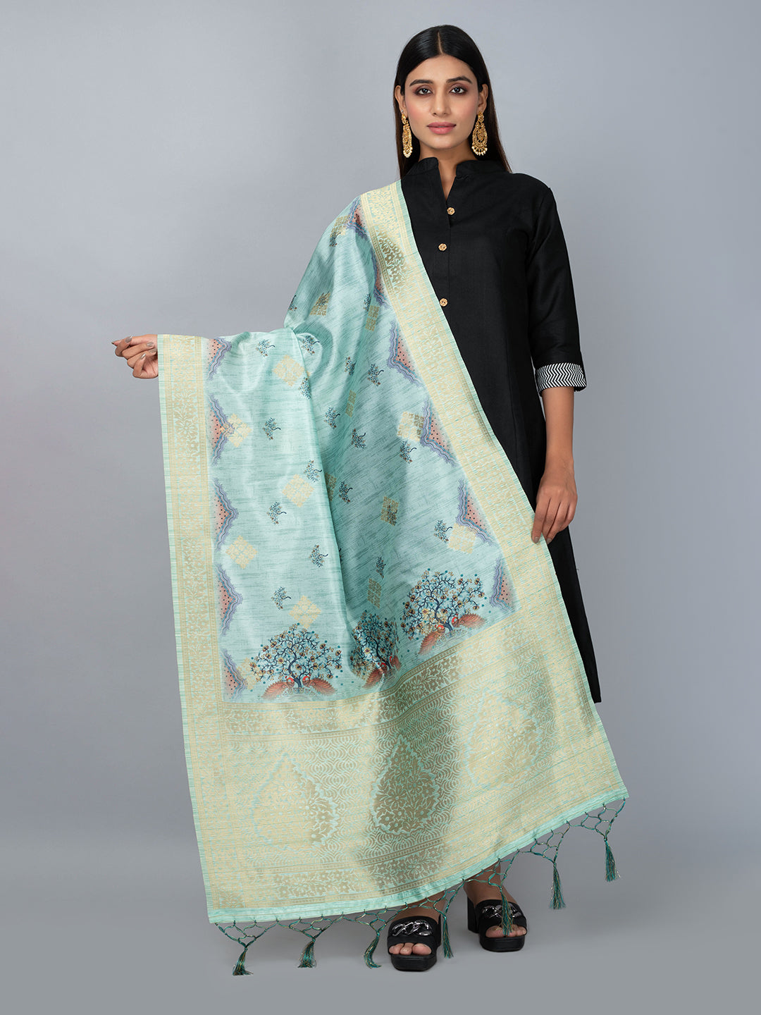 “Banarasi digital printed dupatta with rich patterns and gold zari detailing – perfect for festive and ethnic Indian wear by Negchaar”