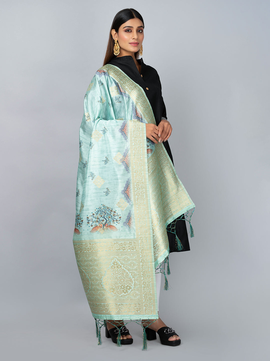 “Banarasi digital printed dupatta with rich patterns and gold zari detailing – perfect for festive and ethnic Indian wear by Negchaar”