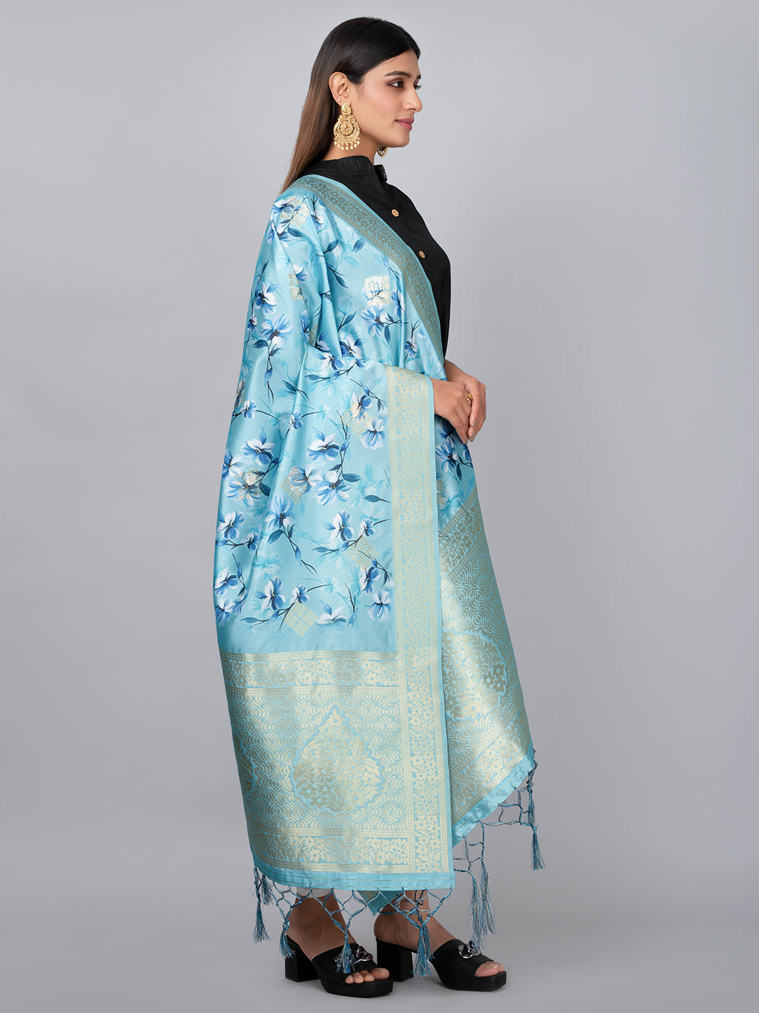 “Banarasi digital printed dupatta with rich patterns and gold zari detailing – perfect for festive and ethnic Indian wear by Negchaar”