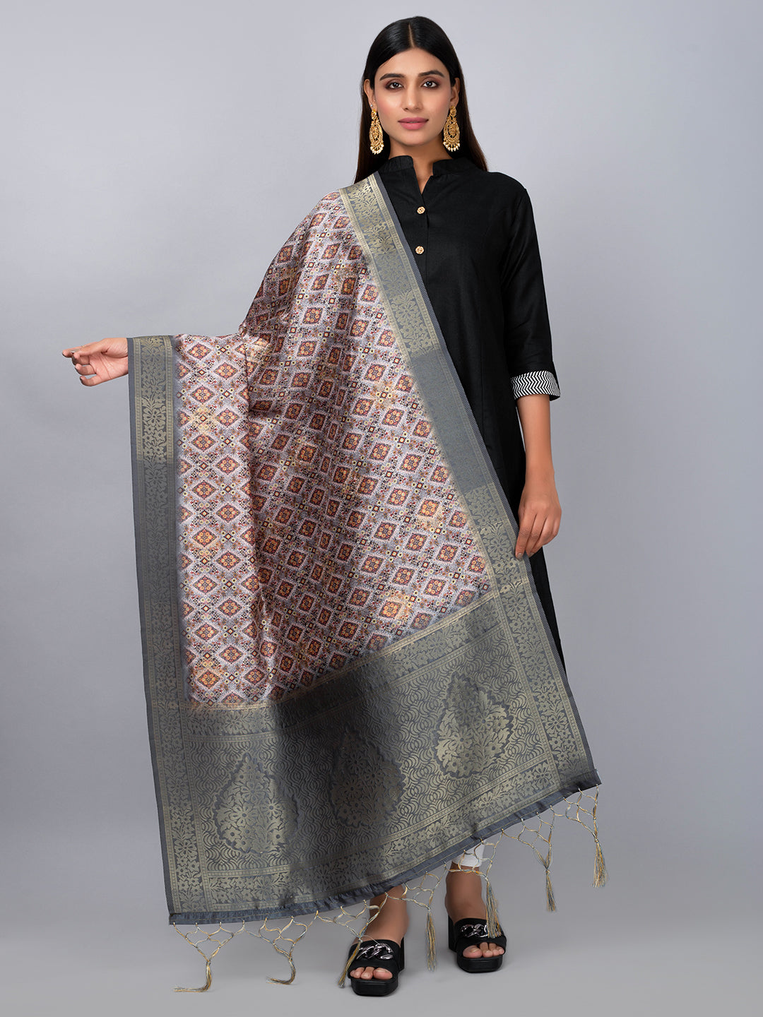 “Banarasi digital printed dupatta with rich patterns and gold zari detailing – perfect for festive and ethnic Indian wear by Negchaar”