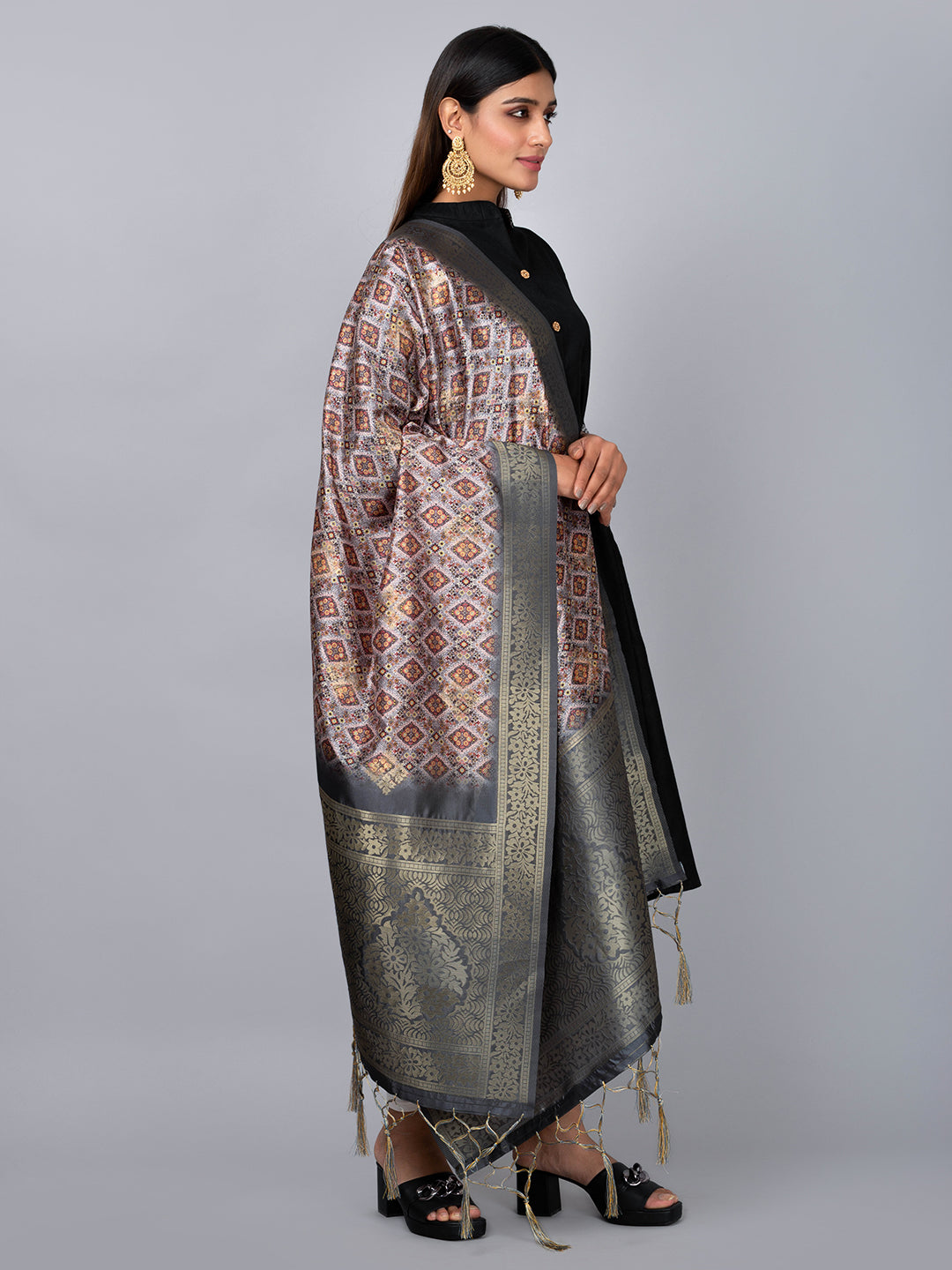 “Banarasi digital printed dupatta with rich patterns and gold zari detailing – perfect for festive and ethnic Indian wear by Negchaar”
