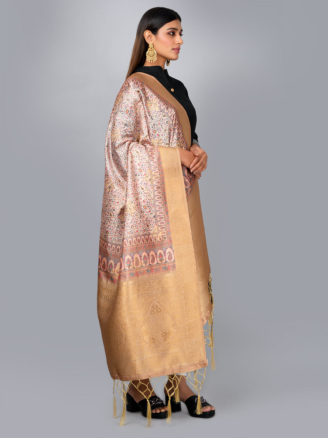 “Banarasi digital printed dupatta with rich patterns and gold zari detailing – perfect for festive and ethnic Indian wear by Negchaar”