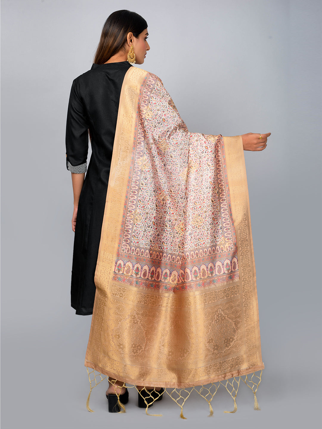 “Banarasi digital printed dupatta with rich patterns and gold zari detailing – perfect for festive and ethnic Indian wear by Negchaar”
