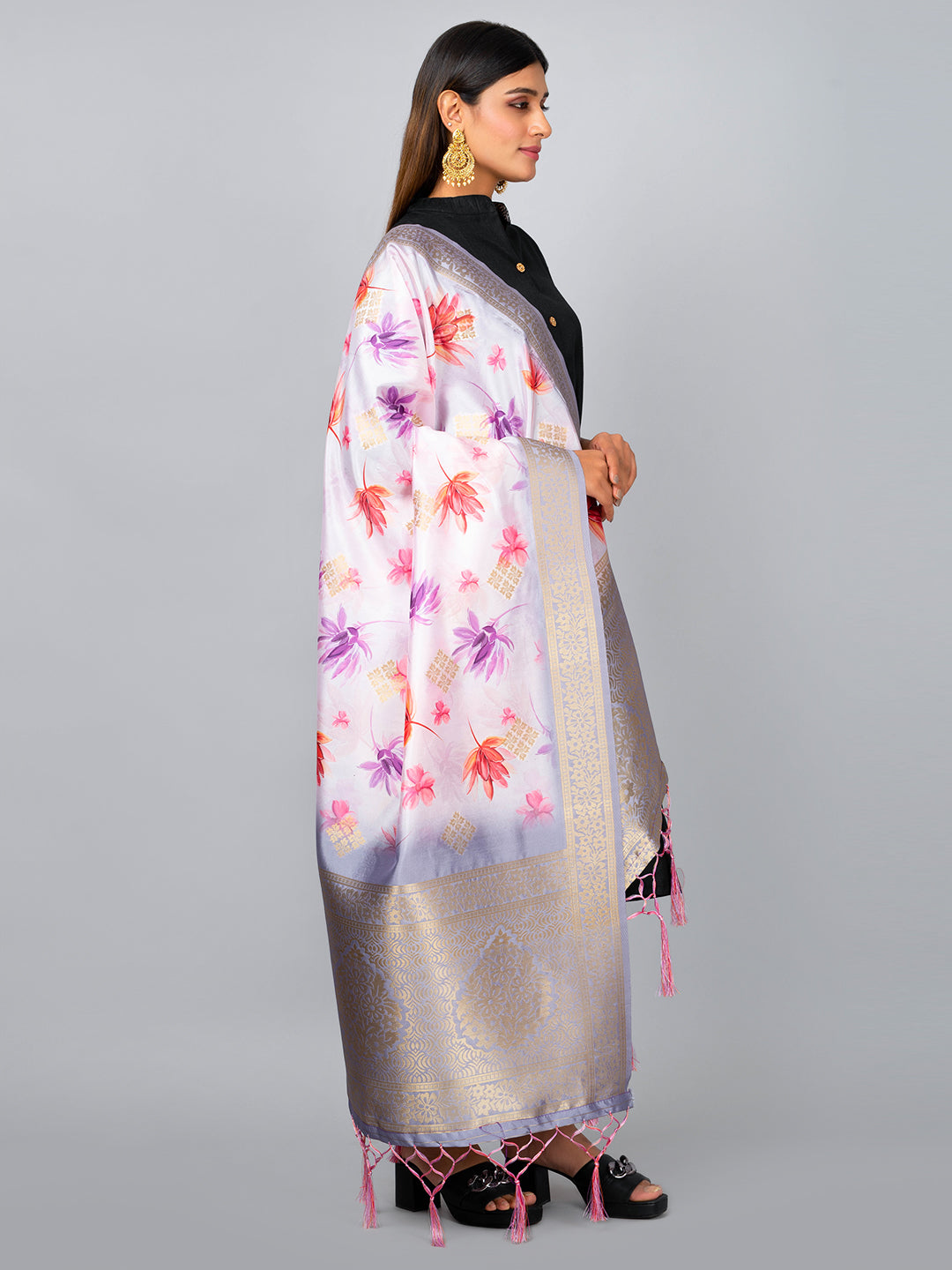 “Banarasi digital printed dupatta with rich patterns and gold zari detailing – perfect for festive and ethnic Indian wear by Negchaar”