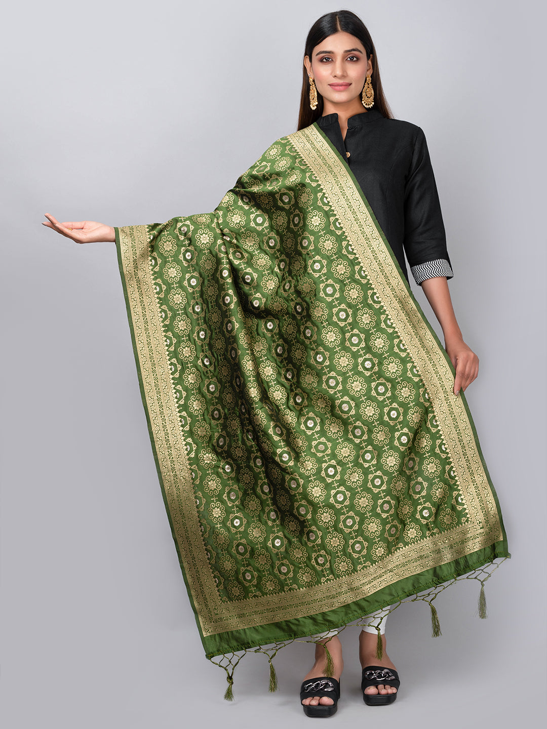 Rich Banarasi jacquard dupatta with intricate woven patterns and traditional motifs, showcasing a luxurious texture—perfect for festive occasions and ethnic wear.