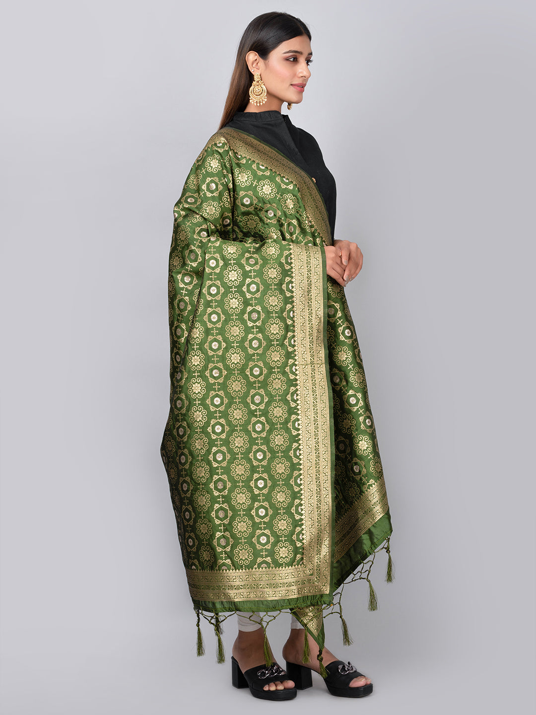 Rich Banarasi jacquard dupatta with intricate woven patterns and traditional motifs, showcasing a luxurious texture—perfect for festive occasions and ethnic wear.