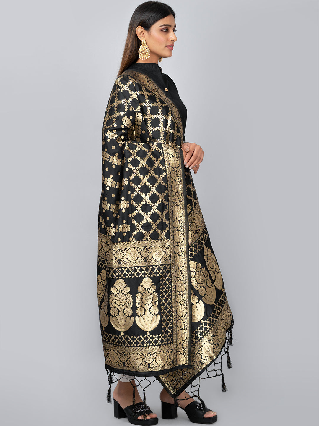 Rich Banarasi jacquard dupatta with intricate woven patterns and traditional motifs, showcasing a luxurious texture—perfect for festive occasions and ethnic wear.