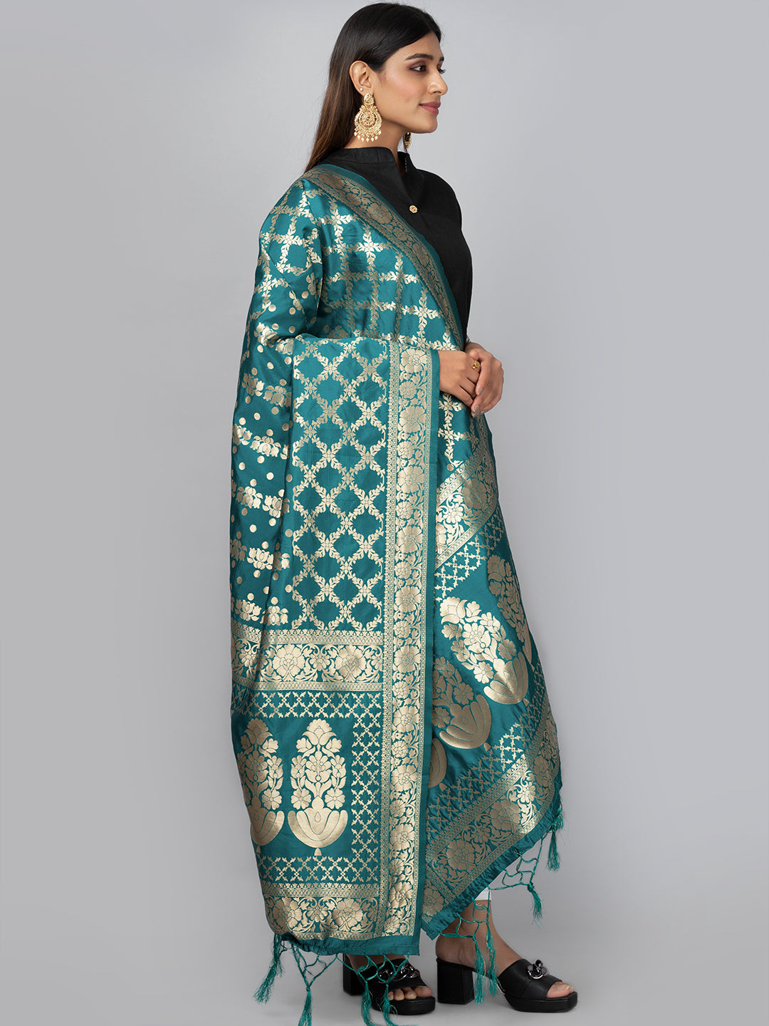 Rich Banarasi jacquard dupatta with intricate woven patterns and traditional motifs, showcasing a luxurious texture—perfect for festive occasions and ethnic wear.