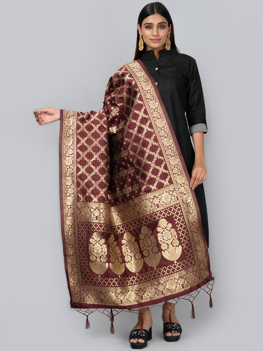 Rich Banarasi jacquard dupatta with intricate woven patterns and traditional motifs, showcasing a luxurious texture—perfect for festive occasions and ethnic wear.