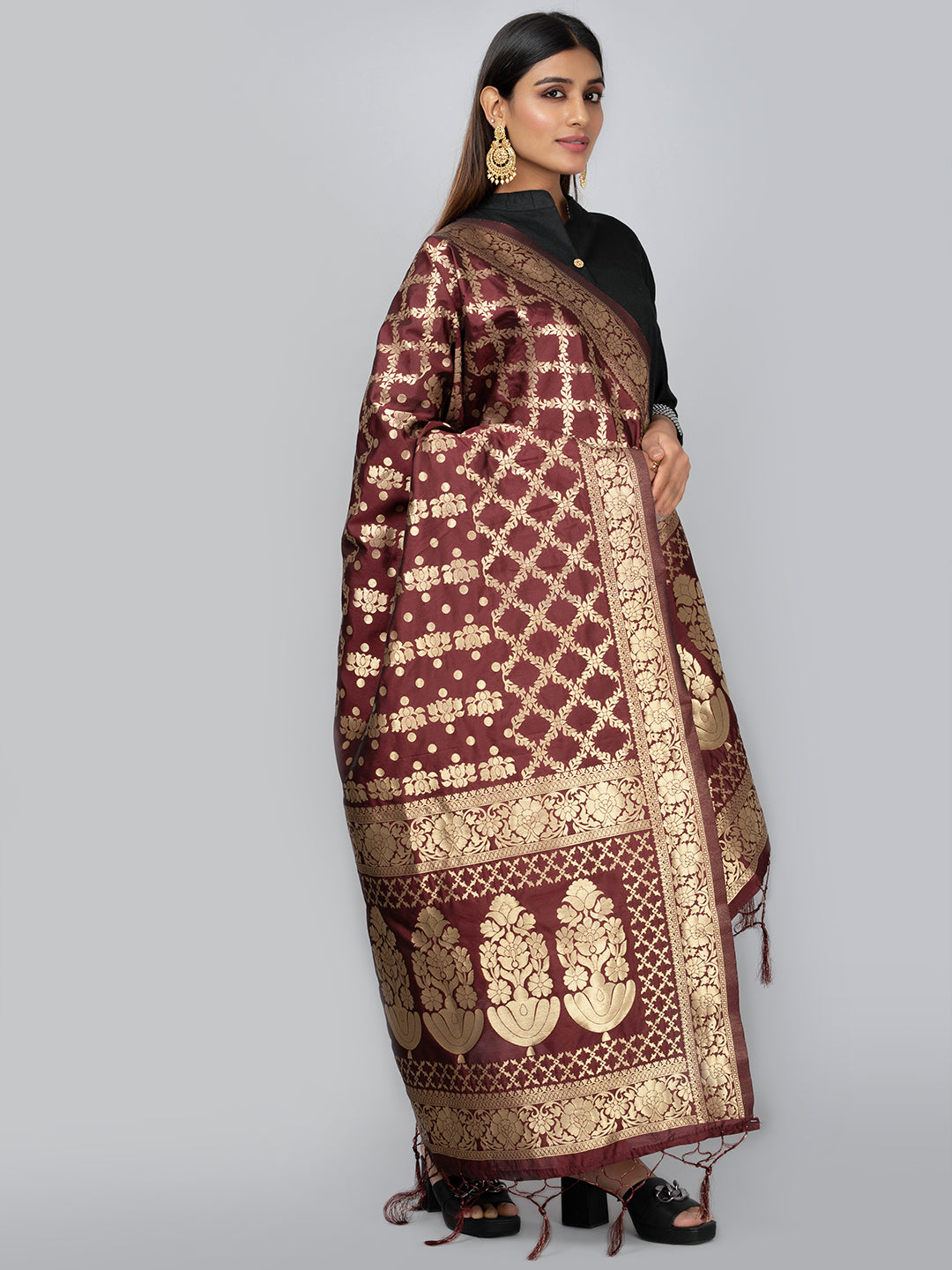 Rich Banarasi jacquard dupatta with intricate woven patterns and traditional motifs, showcasing a luxurious texture—perfect for festive occasions and ethnic wear.