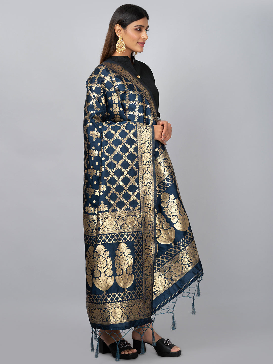 Rich Banarasi jacquard dupatta with intricate woven patterns and traditional motifs, showcasing a luxurious texture—perfect for festive occasions and ethnic wear.