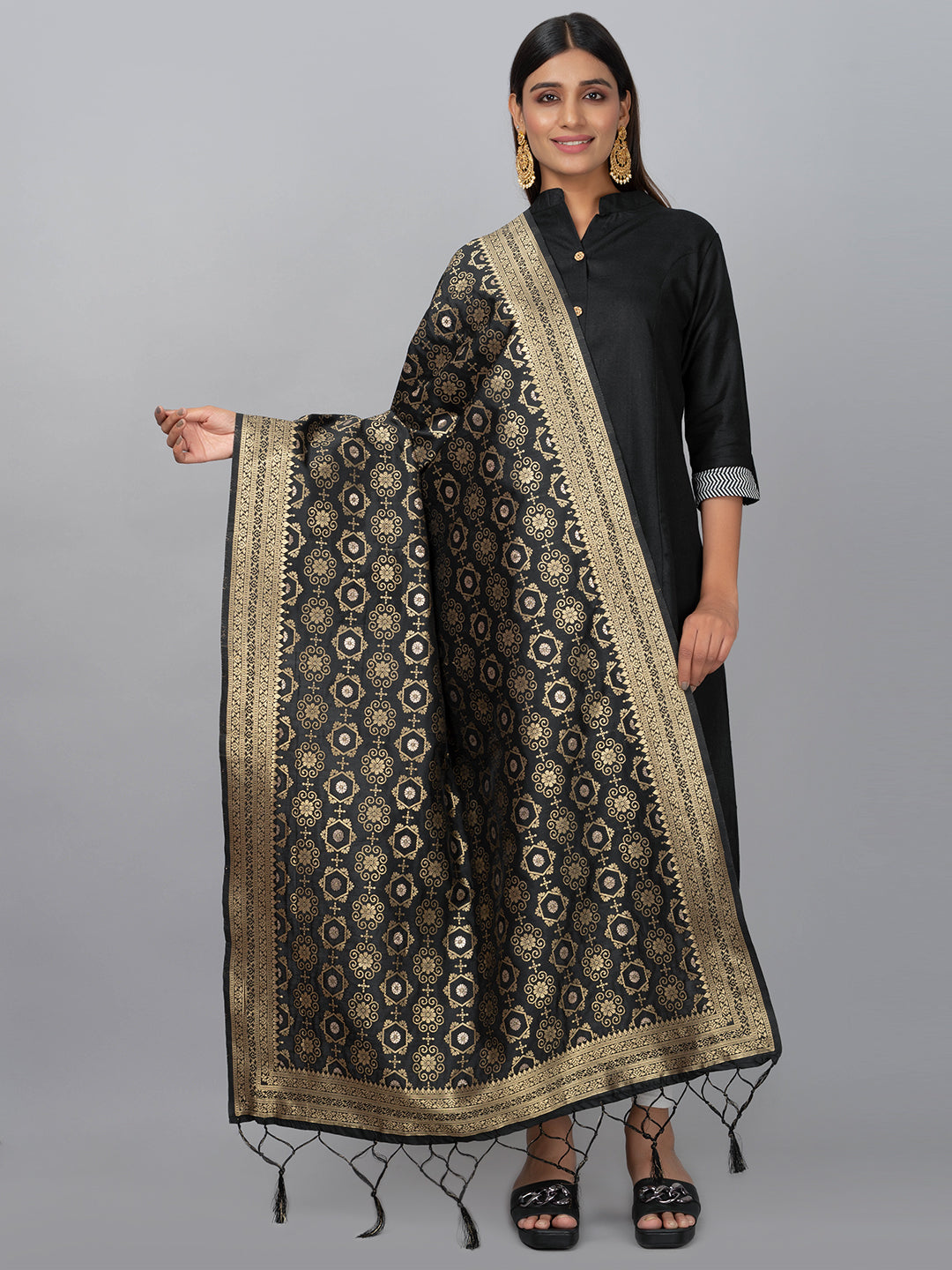 Rich Banarasi jacquard dupatta with intricate woven patterns and traditional motifs, showcasing a luxurious texture—perfect for festive occasions and ethnic wear.