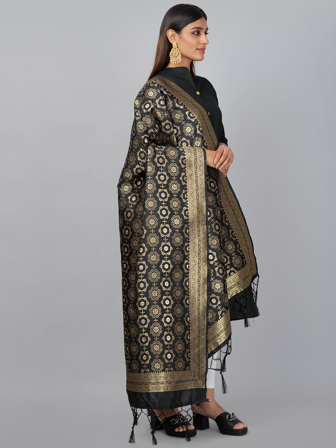 Rich Banarasi jacquard dupatta with intricate woven patterns and traditional motifs, showcasing a luxurious texture—perfect for festive occasions and ethnic wear.