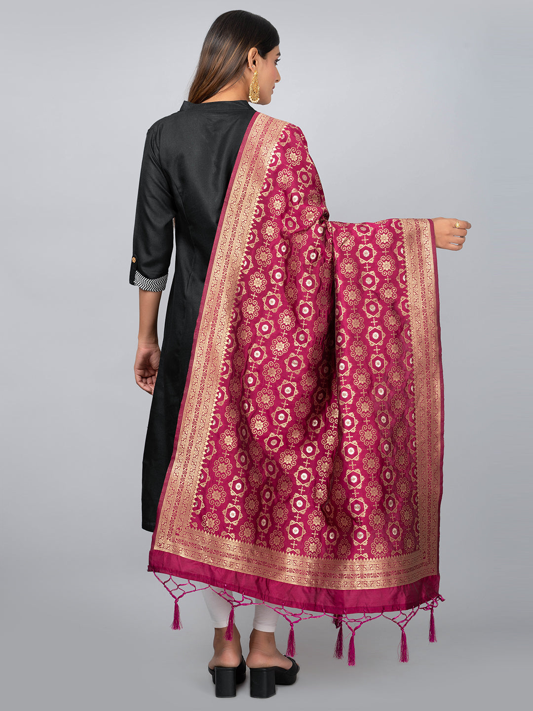 Rich Banarasi jacquard dupatta with intricate woven patterns and traditional motifs, showcasing a luxurious texture—perfect for festive occasions and ethnic wear.