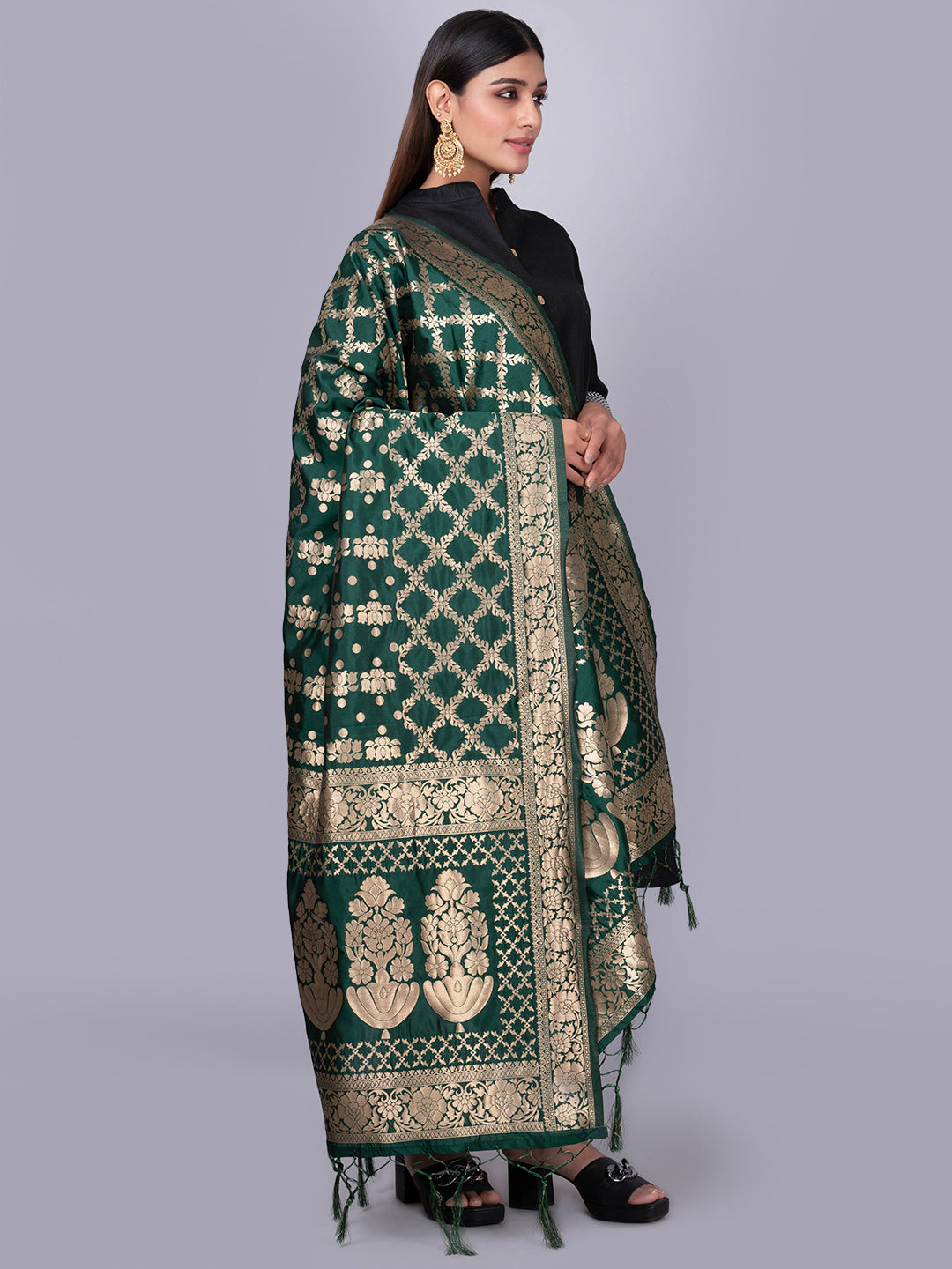 Rich Banarasi jacquard dupatta with intricate woven patterns and traditional motifs, showcasing a luxurious texture—perfect for festive occasions and ethnic wear.