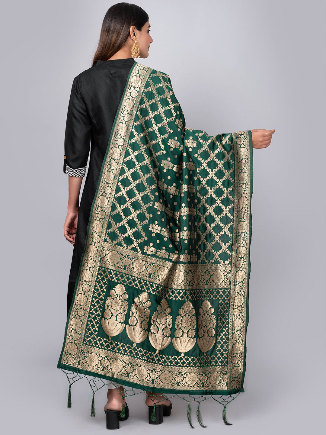 Rich Banarasi jacquard dupatta with intricate woven patterns and traditional motifs, showcasing a luxurious texture—perfect for festive occasions and ethnic wear.