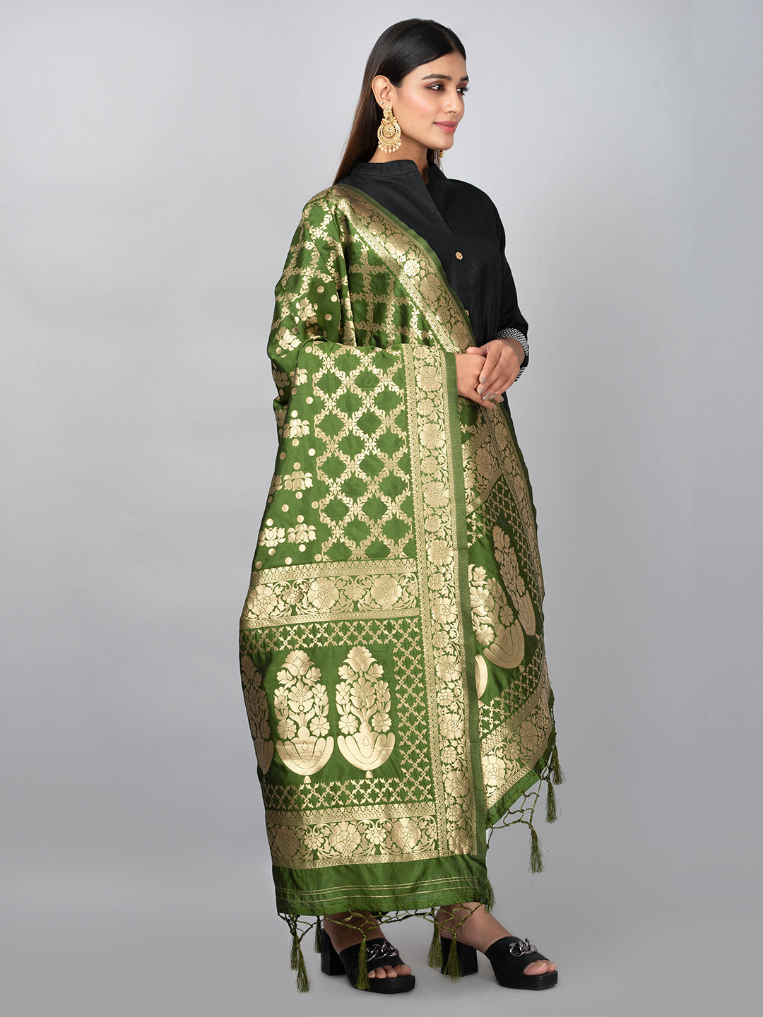 Rich Banarasi jacquard dupatta with intricate woven patterns and traditional motifs, showcasing a luxurious texture—perfect for festive occasions and ethnic wear.