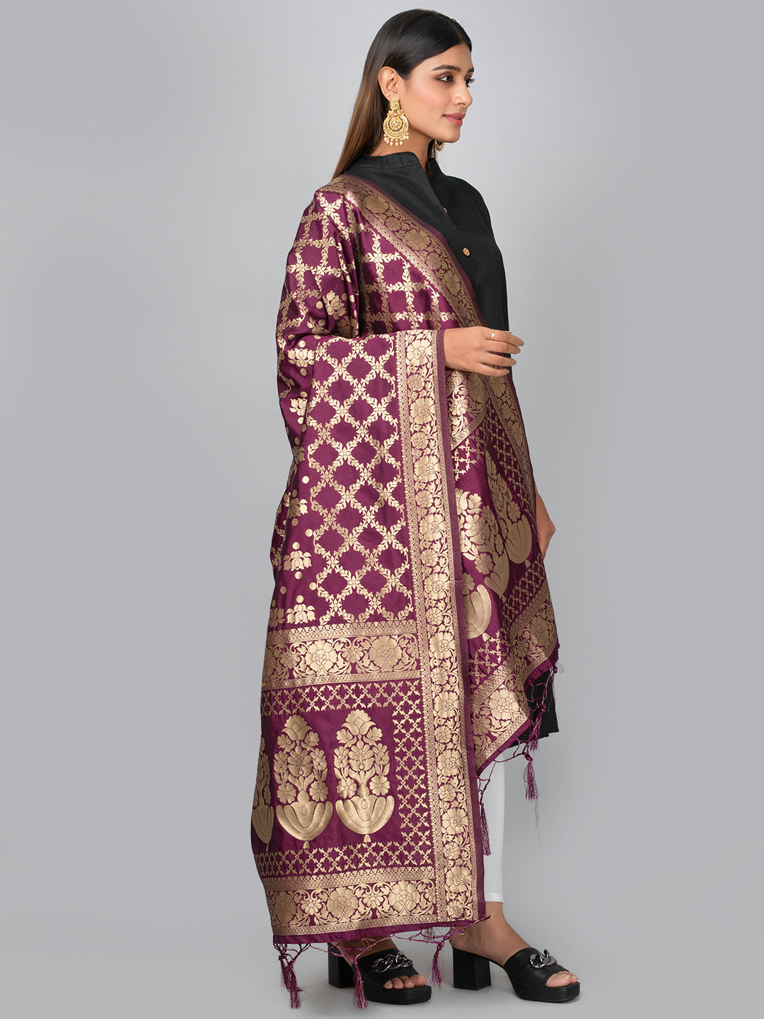 Rich Banarasi jacquard dupatta with intricate woven patterns and traditional motifs, showcasing a luxurious texture—perfect for festive occasions and ethnic wear.