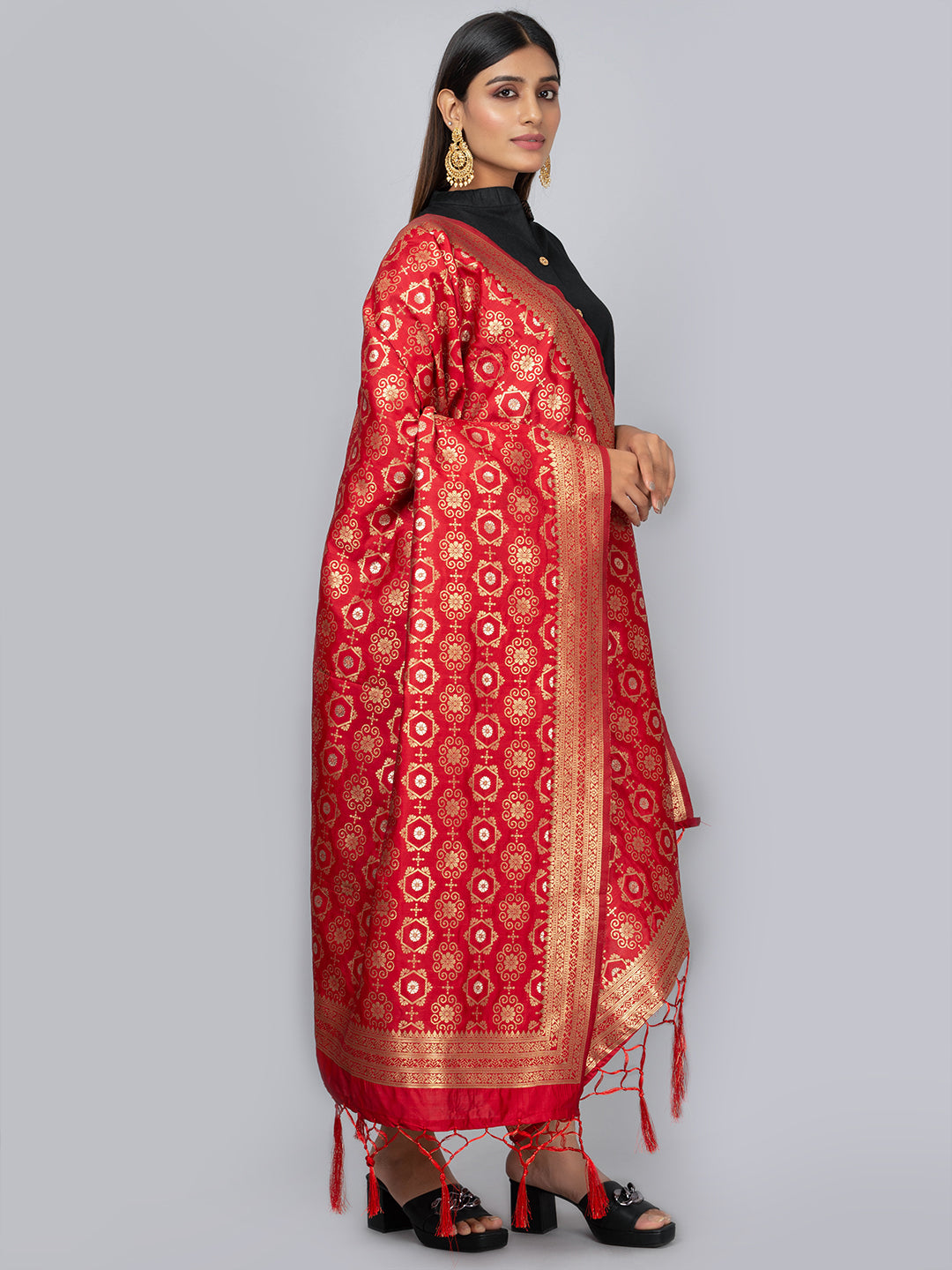 Rich Banarasi jacquard dupatta with intricate woven patterns and traditional motifs, showcasing a luxurious texture—perfect for festive occasions and ethnic wear.