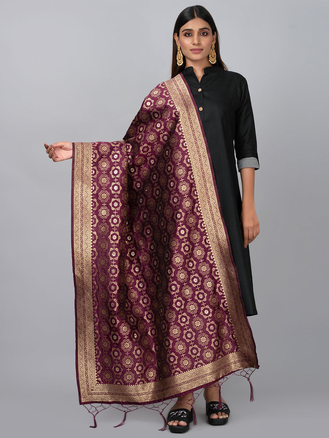Rich Banarasi jacquard dupatta with intricate woven patterns and traditional motifs, showcasing a luxurious texture—perfect for festive occasions and ethnic wear.