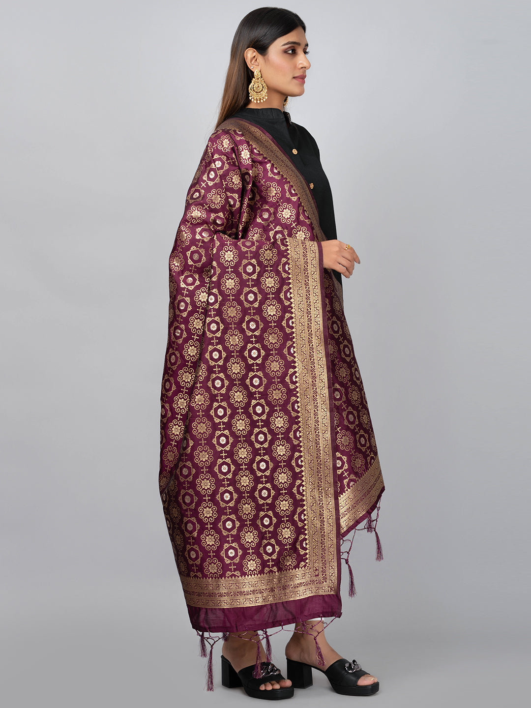 Rich Banarasi jacquard dupatta with intricate woven patterns and traditional motifs, showcasing a luxurious texture—perfect for festive occasions and ethnic wear.