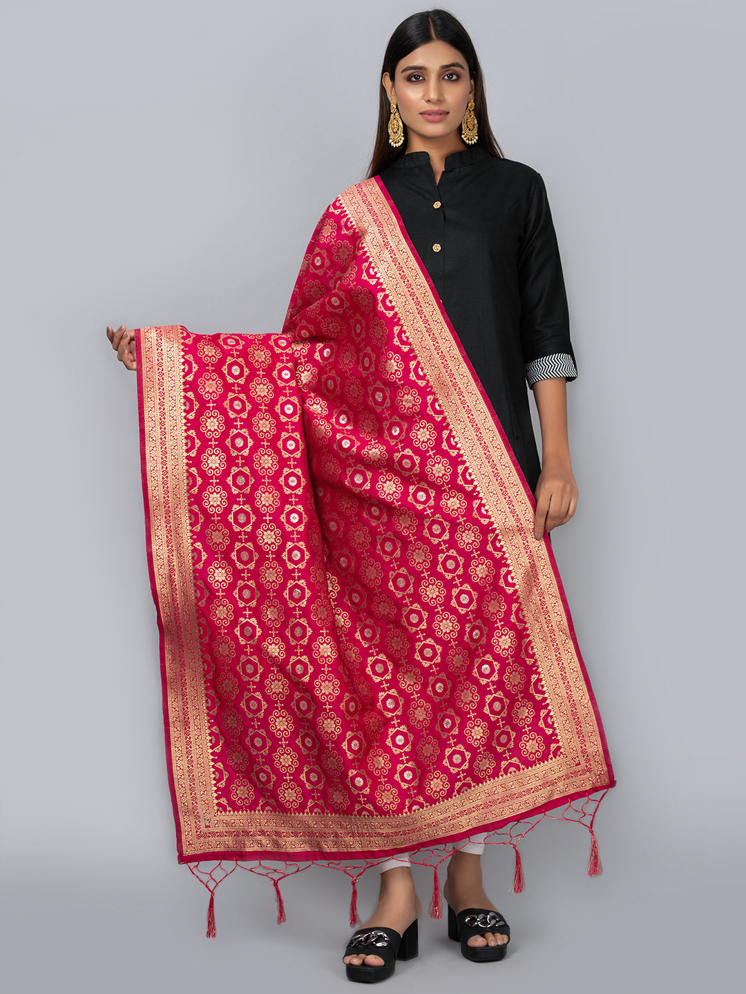 Rich Banarasi jacquard dupatta with intricate woven patterns and traditional motifs, showcasing a luxurious texture—perfect for festive occasions and ethnic wear.