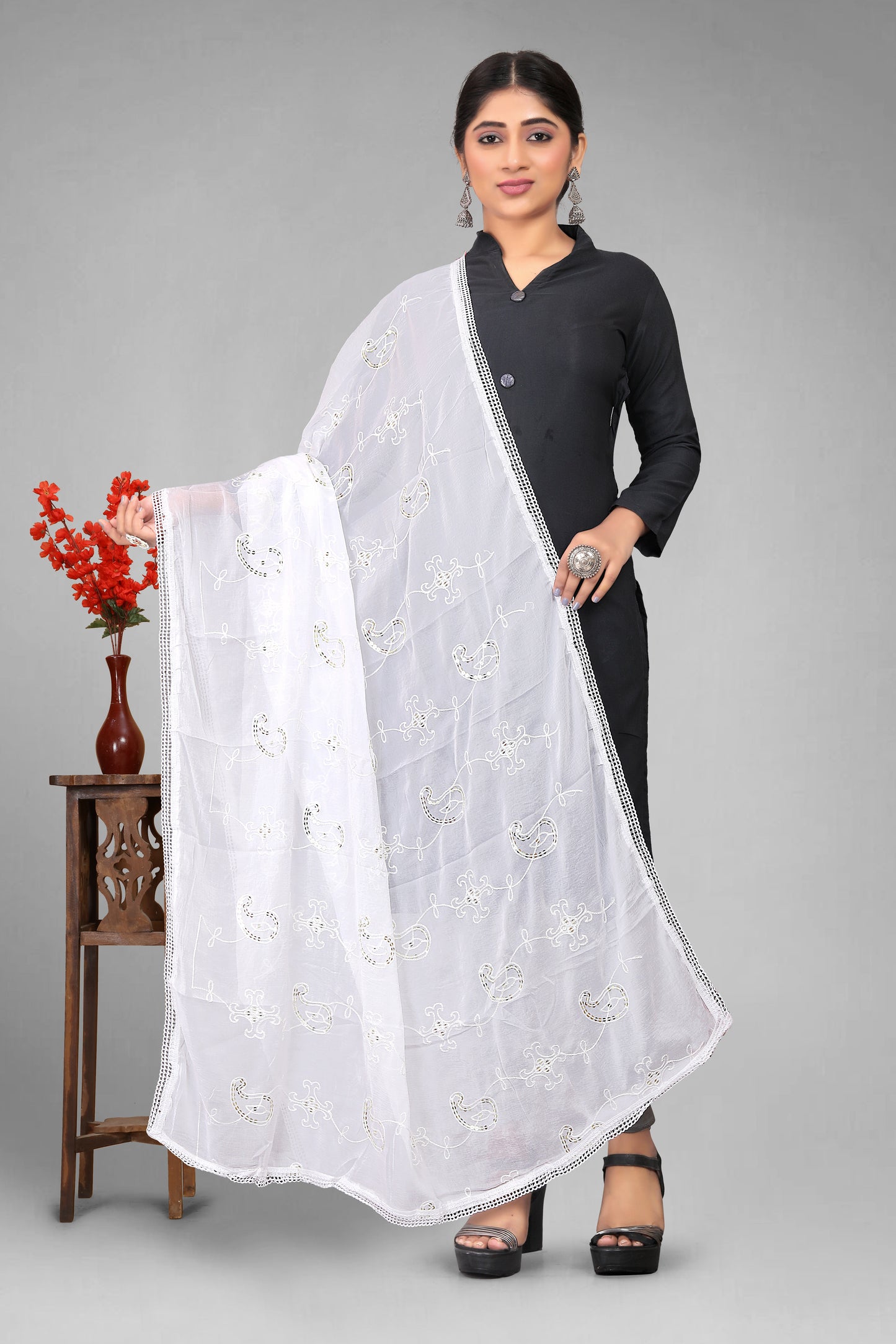 Chiffon dyeable dupatta with delicate sequin embroidery, showcasing a soft, sheer texture and elegant sparkle—ideal for custom dyeing, festive wear, and ethnic styling.