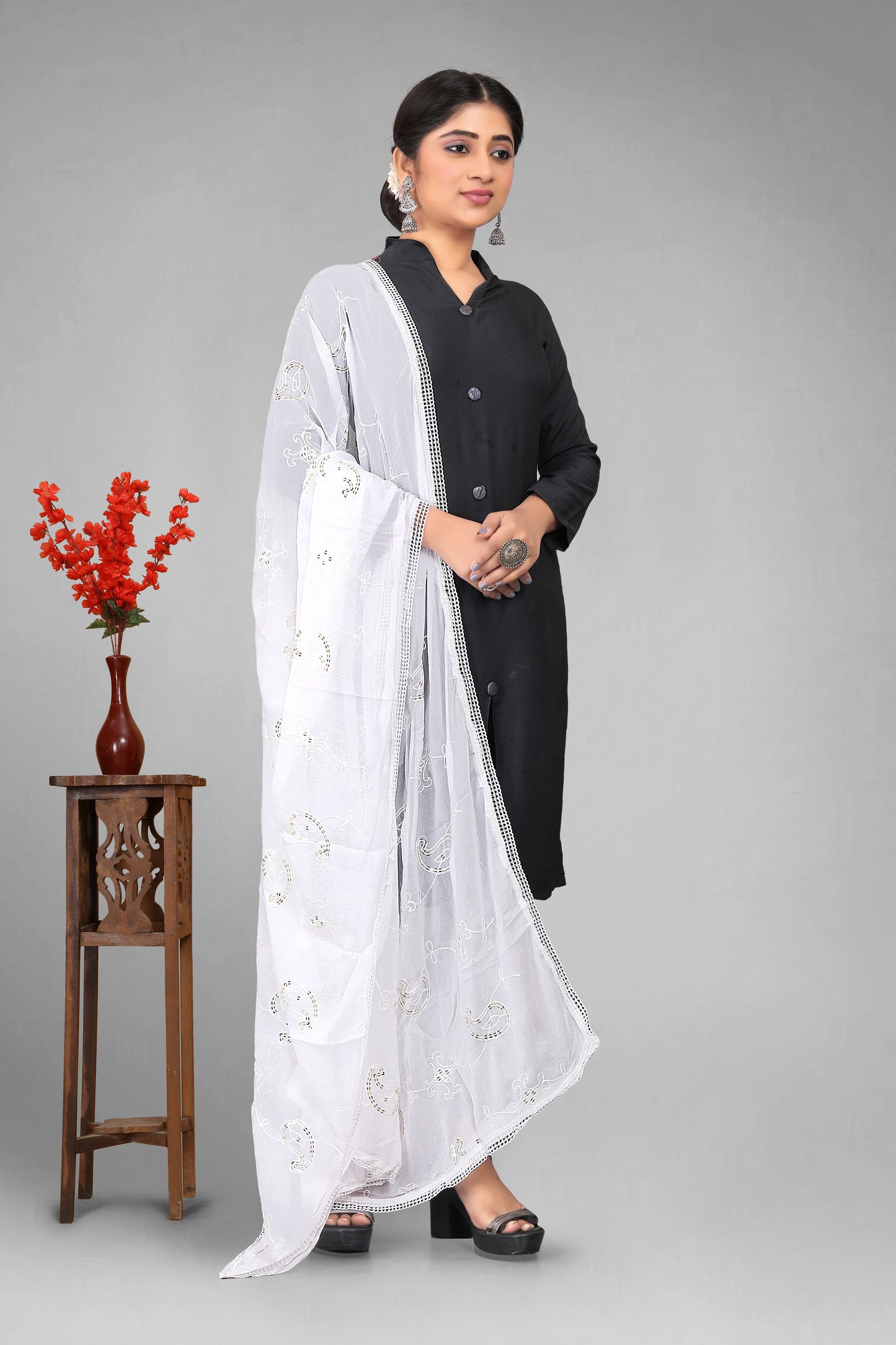 Chiffon dyeable dupatta with delicate sequin embroidery, showcasing a soft, sheer texture and elegant sparkle—ideal for custom dyeing, festive wear, and ethnic styling.