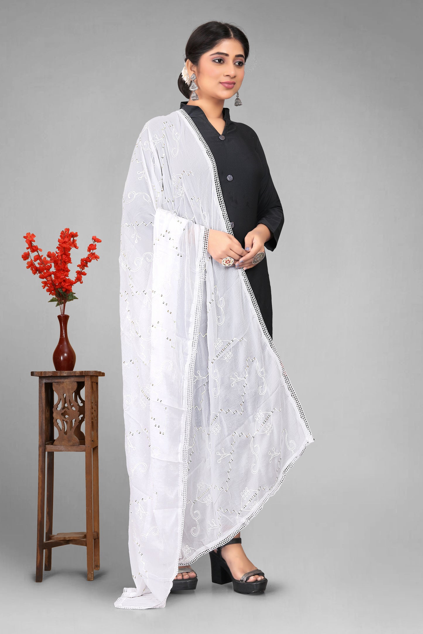 Chiffon dyeable dupatta with delicate sequin embroidery, showcasing a soft, sheer texture and elegant sparkle—ideal for custom dyeing, festive wear, and ethnic styling.