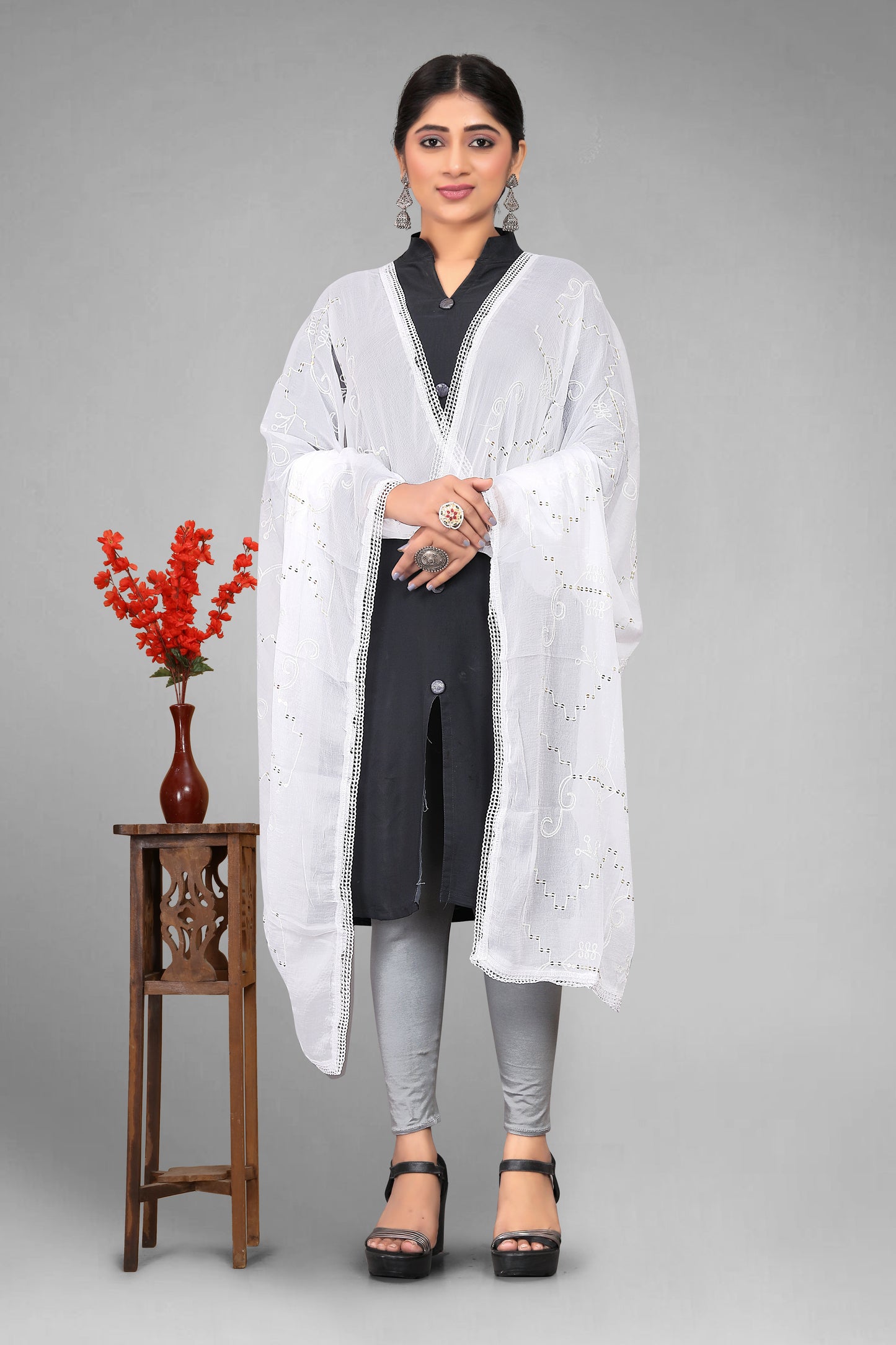 Chiffon dyeable dupatta with delicate sequin embroidery, showcasing a soft, sheer texture and elegant sparkle—ideal for custom dyeing, festive wear, and ethnic styling.