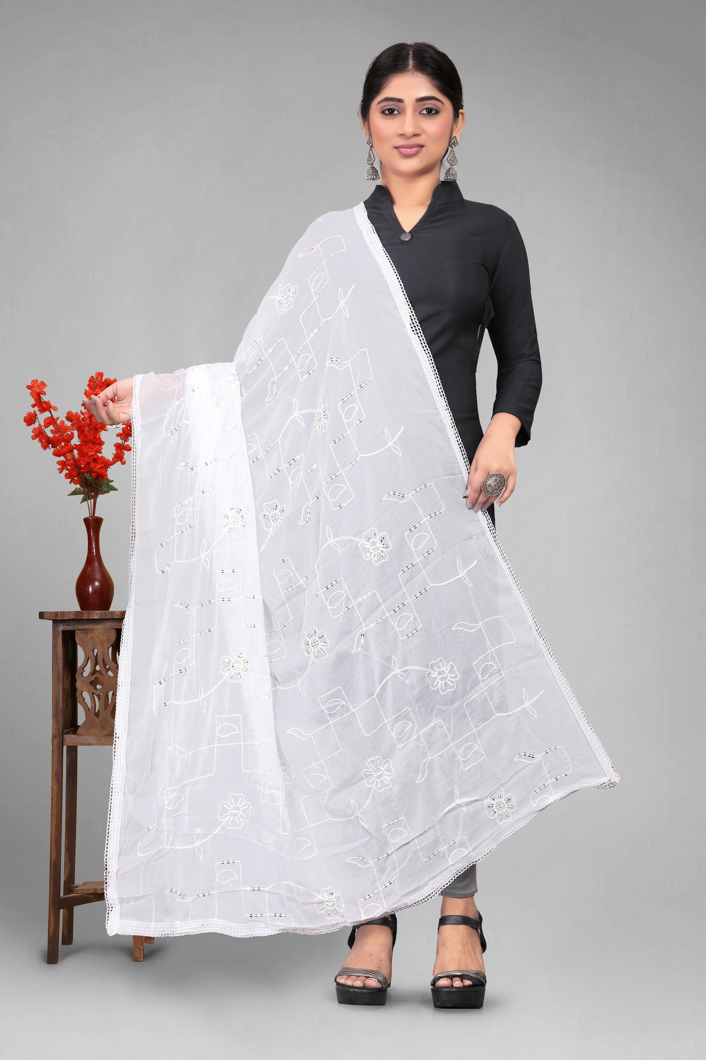Chiffon dyeable dupatta with delicate sequin embroidery, showcasing a soft, sheer texture and elegant sparkle—ideal for custom dyeing, festive wear, and ethnic styling.