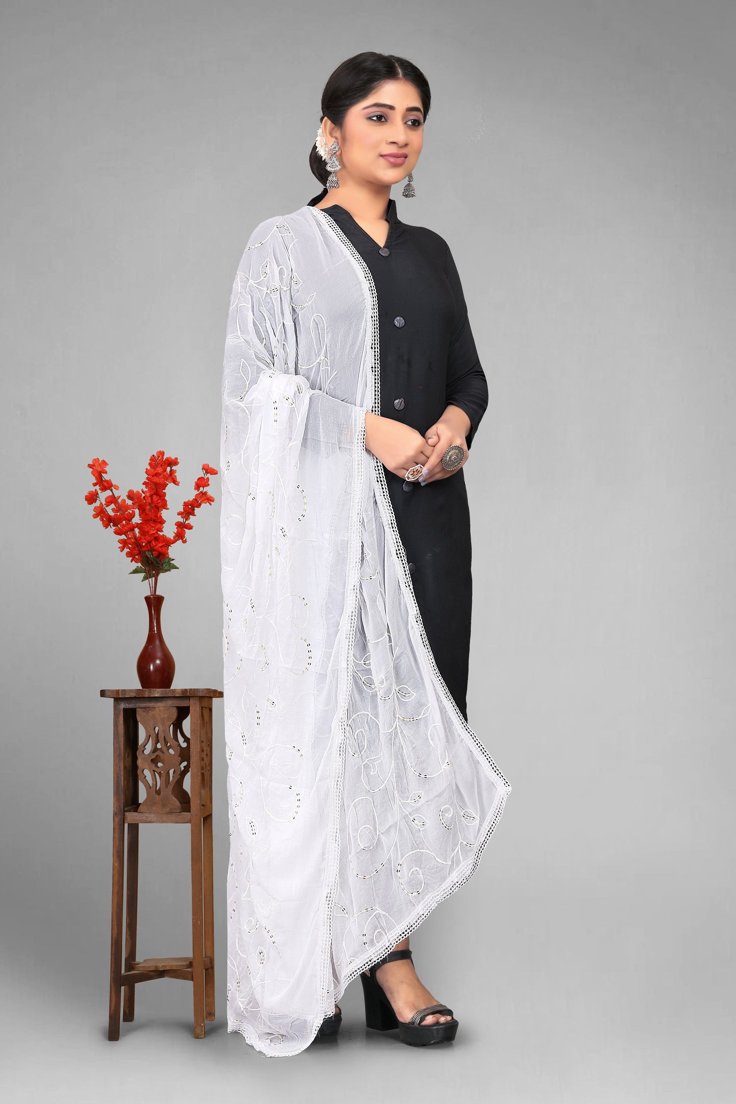 Chiffon dyeable dupatta with delicate sequin embroidery, showcasing a soft, sheer texture and elegant sparkle—ideal for custom dyeing, festive wear, and ethnic styling.