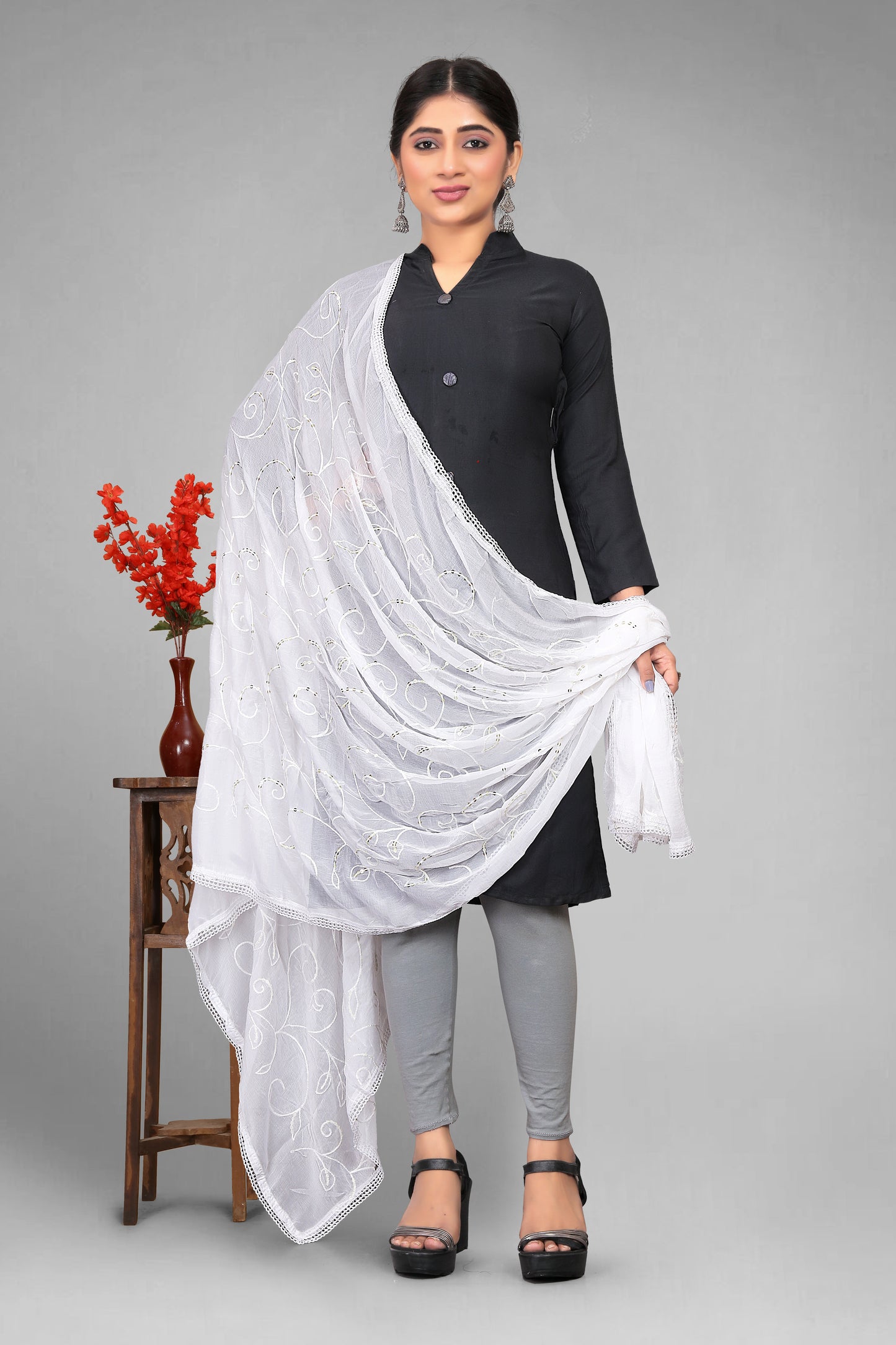 Chiffon dyeable dupatta with delicate sequin embroidery, showcasing a soft, sheer texture and elegant sparkle—ideal for custom dyeing, festive wear, and ethnic styling.