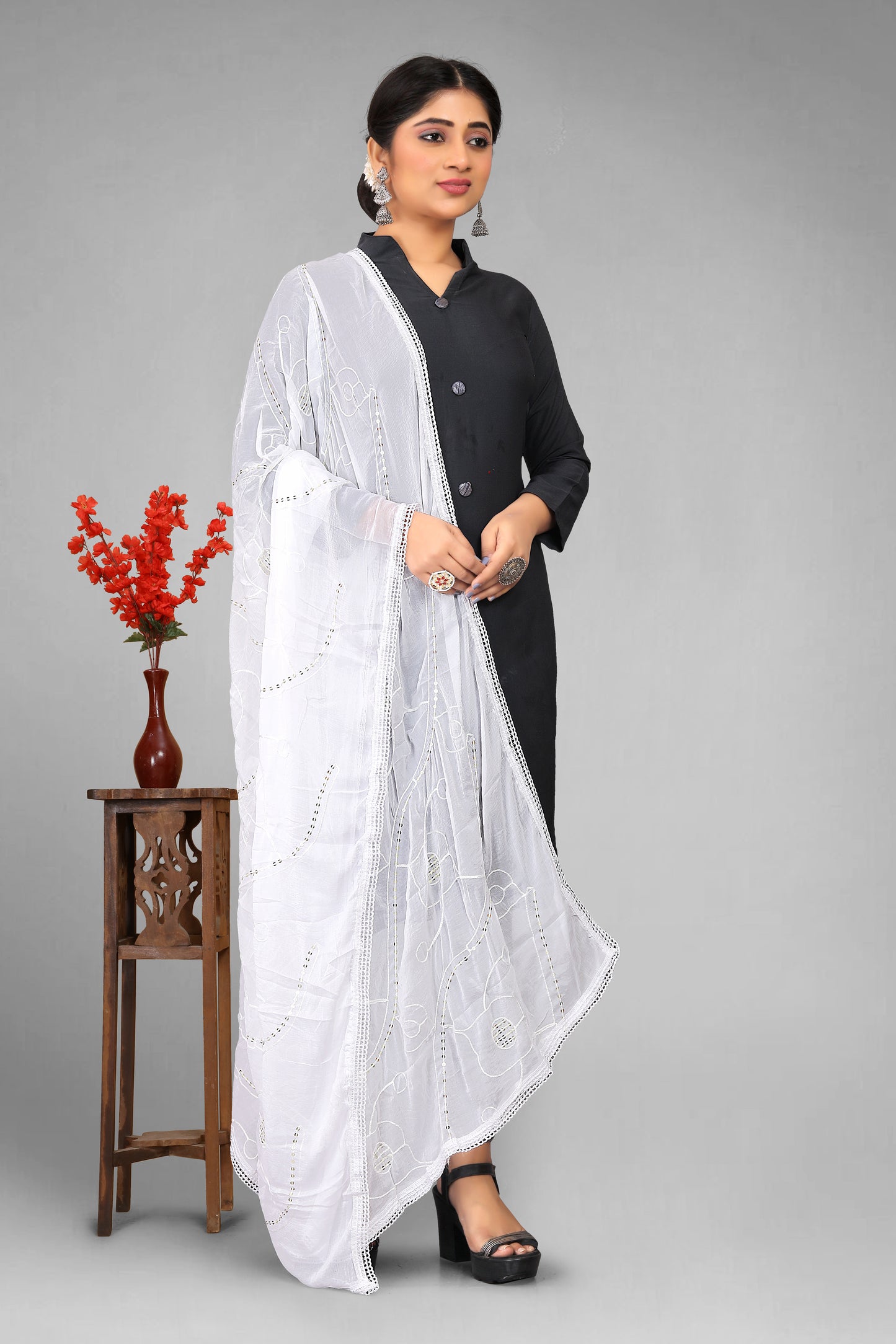 Chiffon dyeable dupatta with delicate sequin embroidery, showcasing a soft, sheer texture and elegant sparkle—ideal for custom dyeing, festive wear, and ethnic styling.