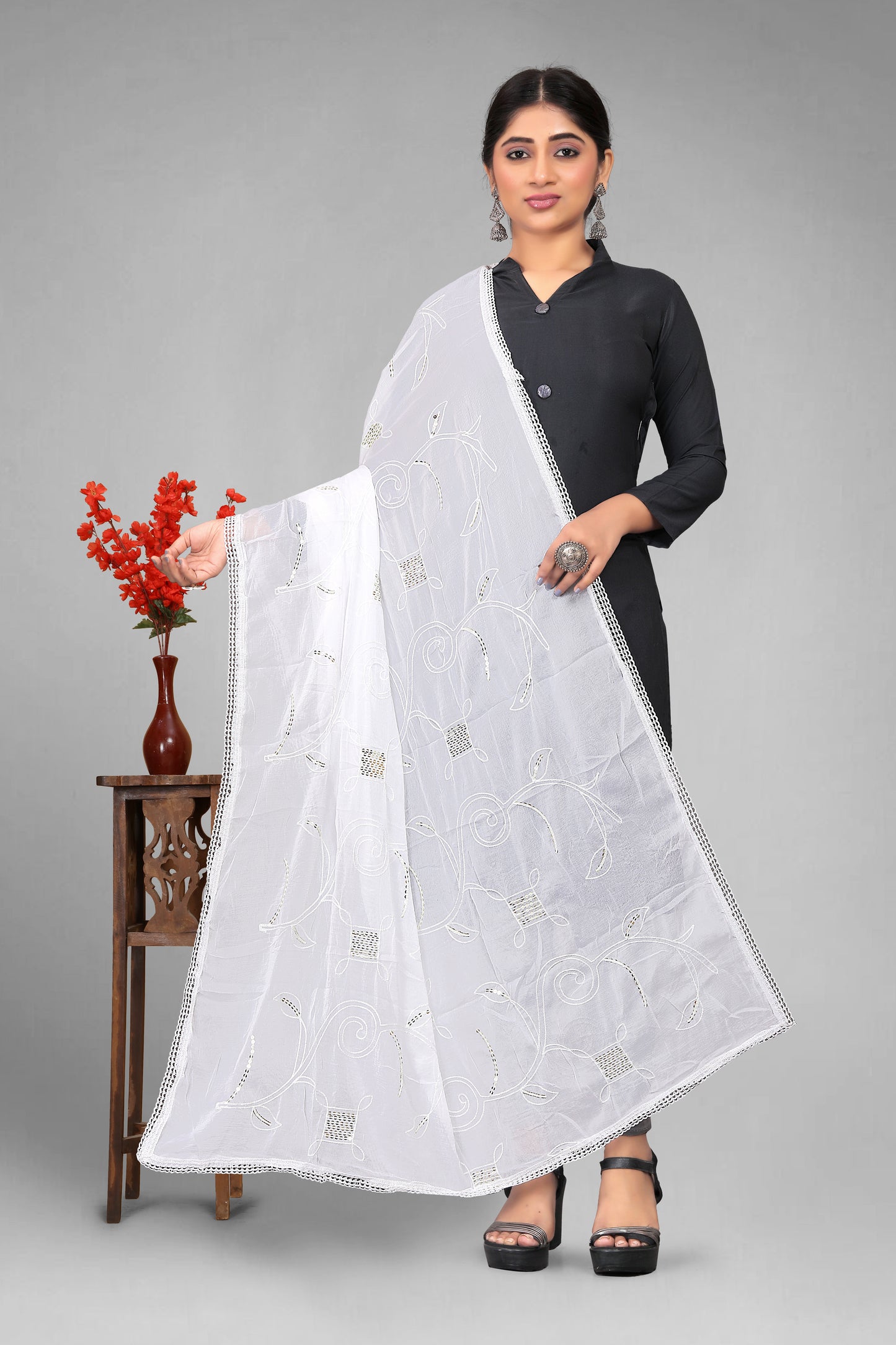 Chiffon dyeable dupatta with delicate sequin embroidery, showcasing a soft, sheer texture and elegant sparkle—ideal for custom dyeing, festive wear, and ethnic styling.