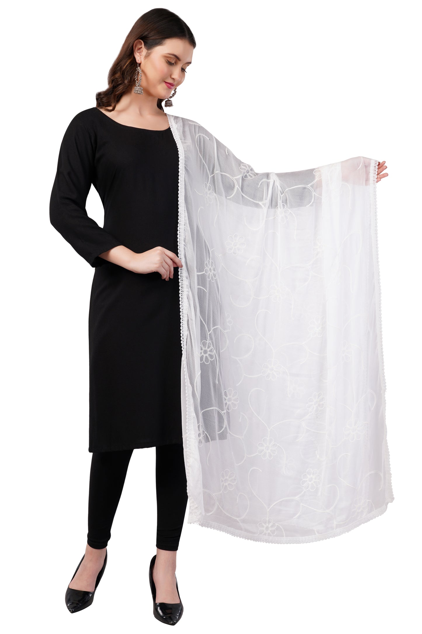 “Chiffon dyable dupatta with delicate embroidery – lightweight, breathable, and perfect for custom dyeing and everyday ethnic wear by Negchaar”