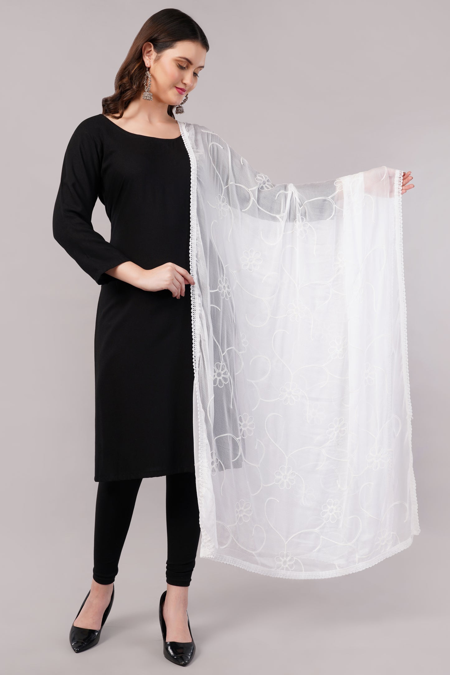 “Chiffon dyable dupatta with delicate embroidery – lightweight, breathable, and perfect for custom dyeing and everyday ethnic wear by Negchaar”