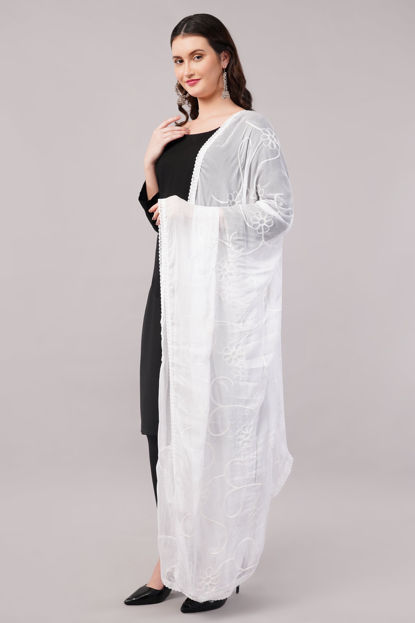“Chiffon dyable dupatta with delicate embroidery – lightweight, breathable, and perfect for custom dyeing and everyday ethnic wear by Negchaar”