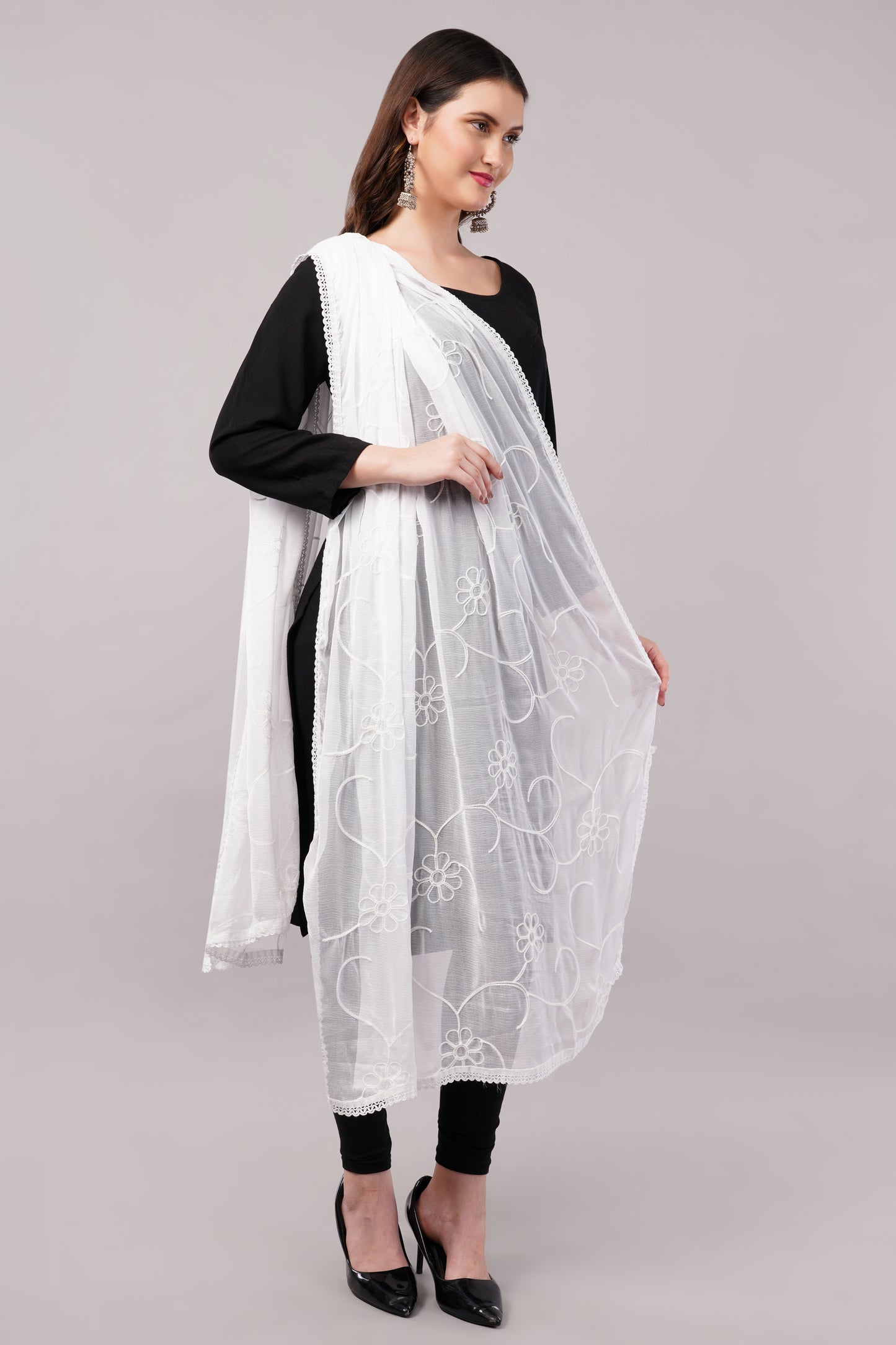 “Chiffon dyable dupatta with delicate embroidery – lightweight, breathable, and perfect for custom dyeing and everyday ethnic wear by Negchaar”