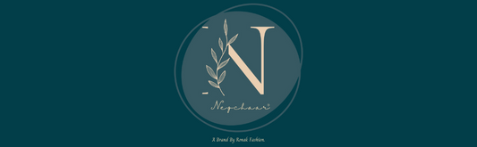 Negchaar logo on a dark green background featuring a large elegant letter "N" in beige, accompanied by a minimal botanical illustration and cursive brand name beneath. Tagline reads “A Brand by Ronak Fashion.”