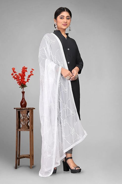 Nazneen White Embroidered Chiffon Dupatta (ND-12)