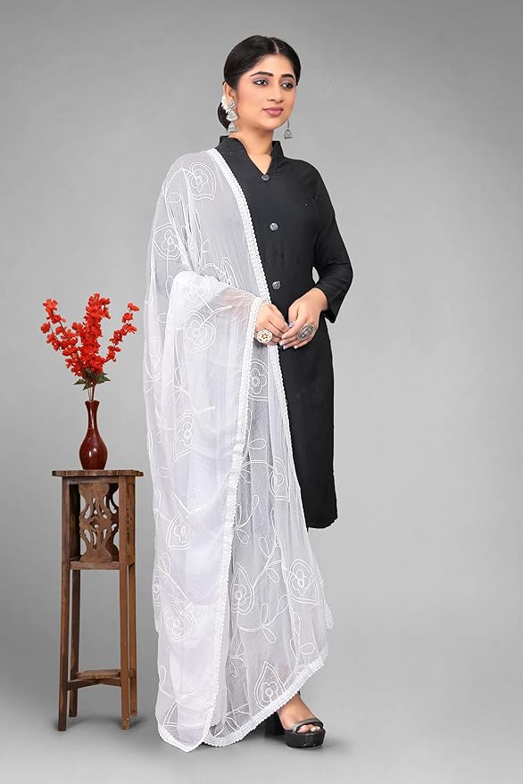 White Embroidered Chiffon Dupatta | Nazneen Chunni (ND-2)