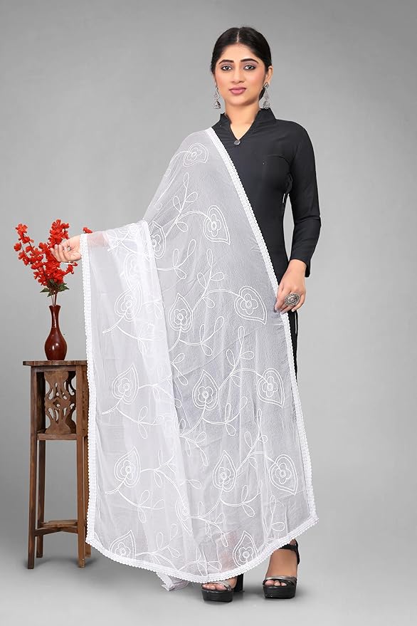 White Embroidered Chiffon Dupatta | Nazneen Chunni (ND-2)