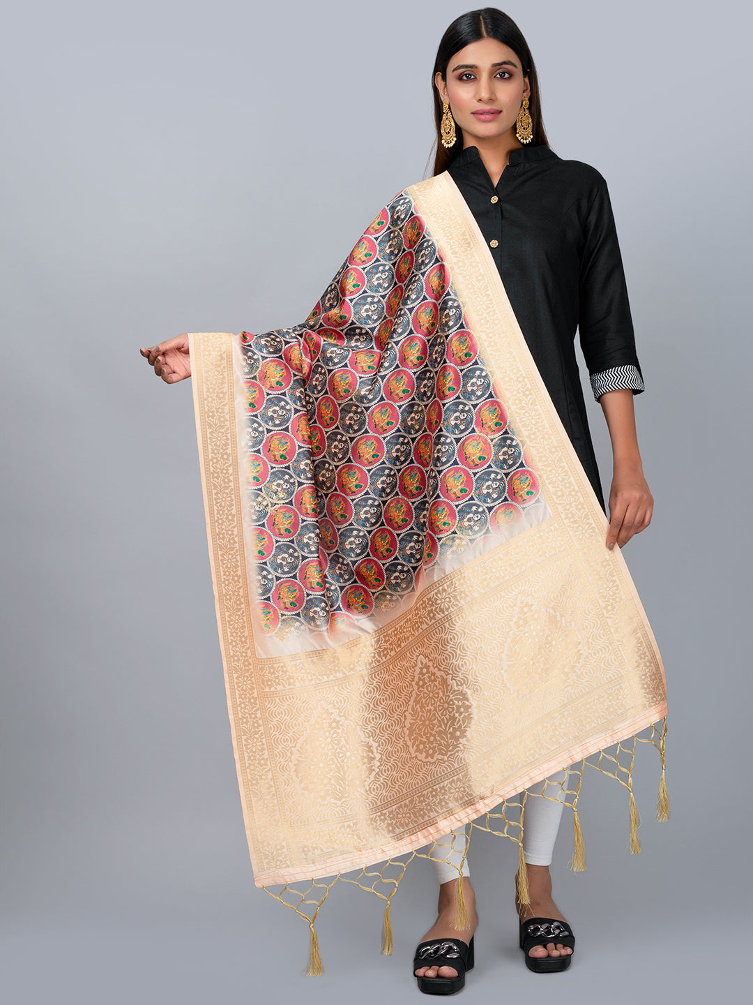 “Banarasi digital printed dupatta with rich patterns and gold zari detailing – perfect for festive and ethnic Indian wear by Negchaar”