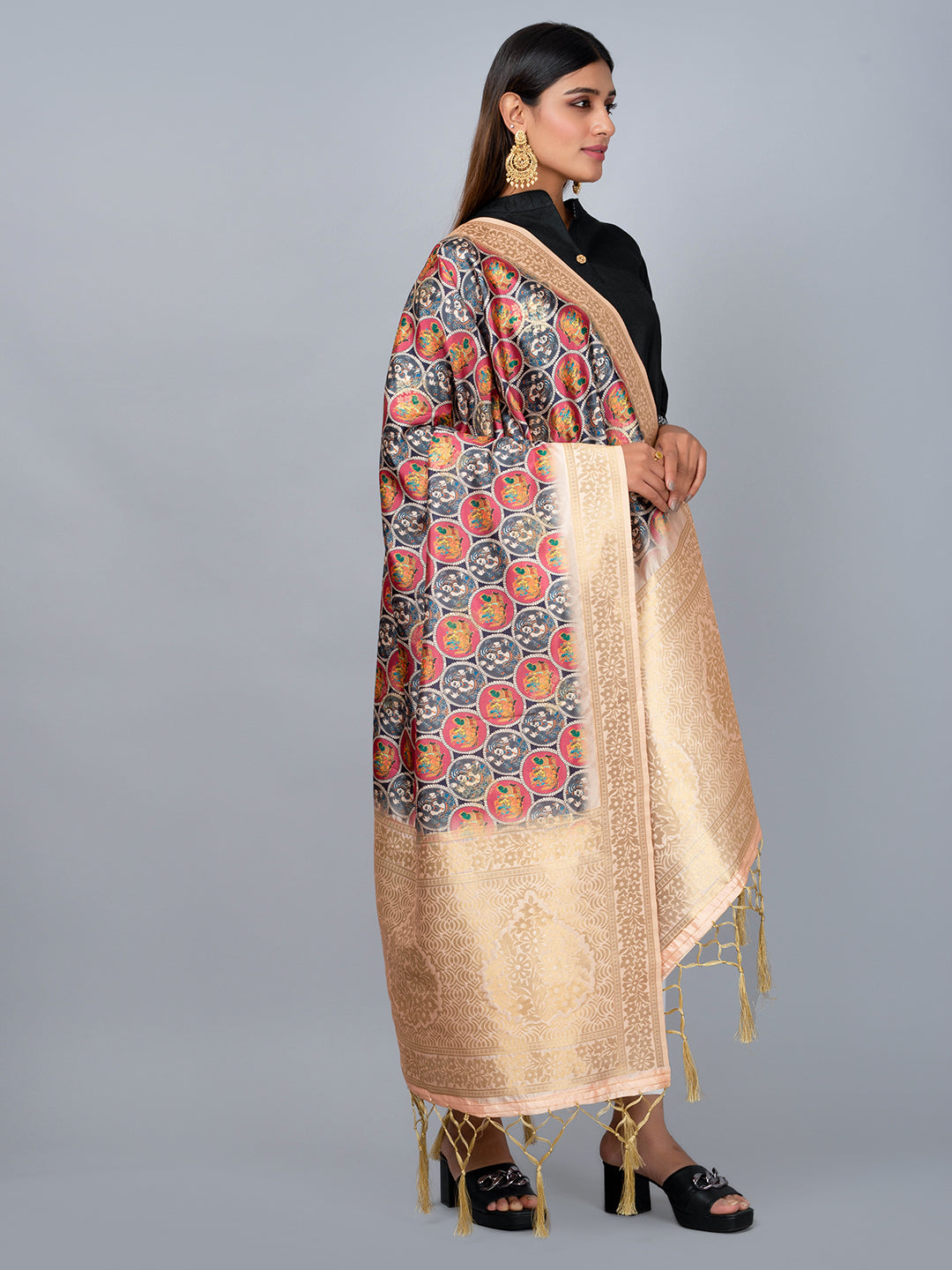 “Banarasi digital printed dupatta with rich patterns and gold zari detailing – perfect for festive and ethnic Indian wear by Negchaar”